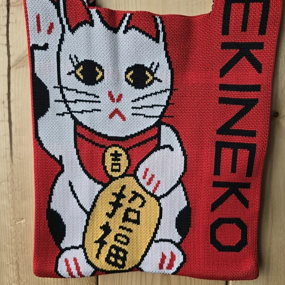Manekineko Lucky Cat Red Knit Soft Tote Bag Small - Picture 2 of 7